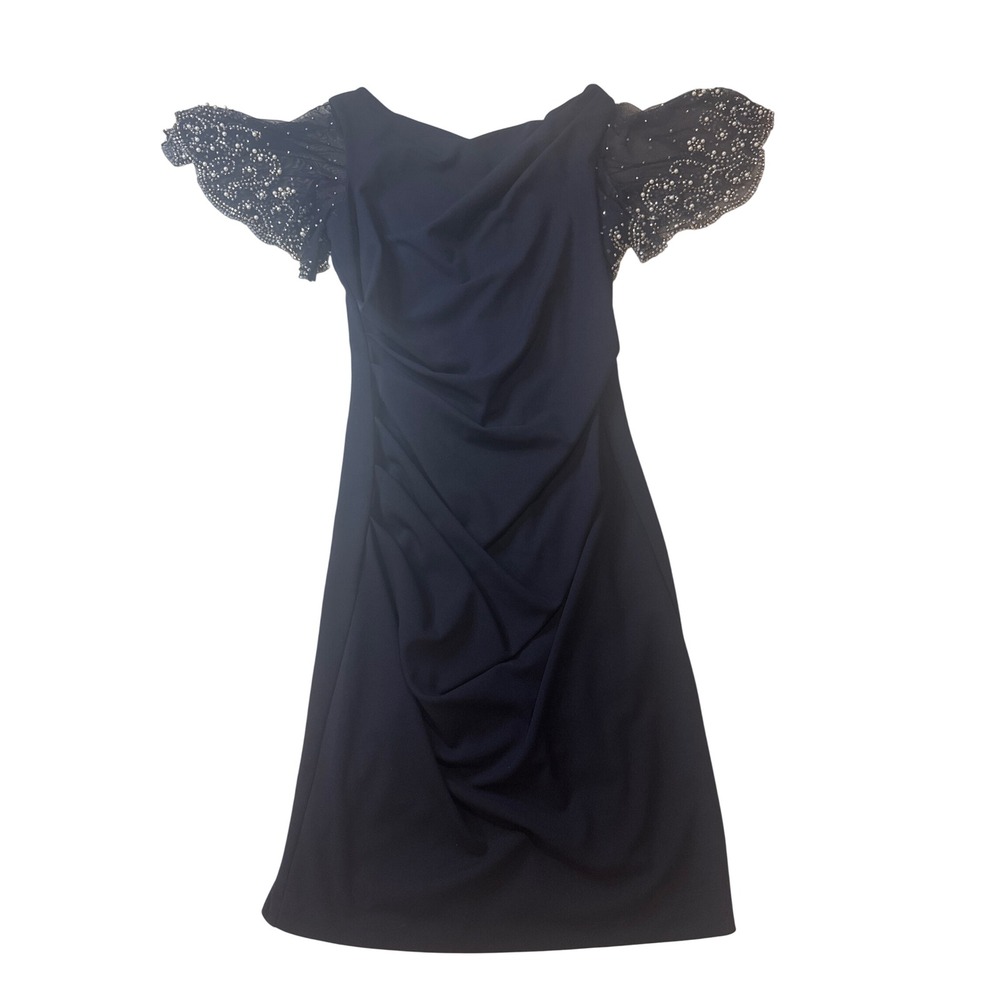 Betsy & Adam Sheath Dress Womens‎ 14 Navy Excellent Pearl Embellished Sleeve